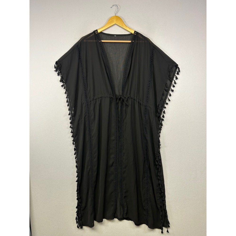 Boho Summer Womens Large Black‎ Sheer Tassel Crochet Trim Swim Cover Up Kimono